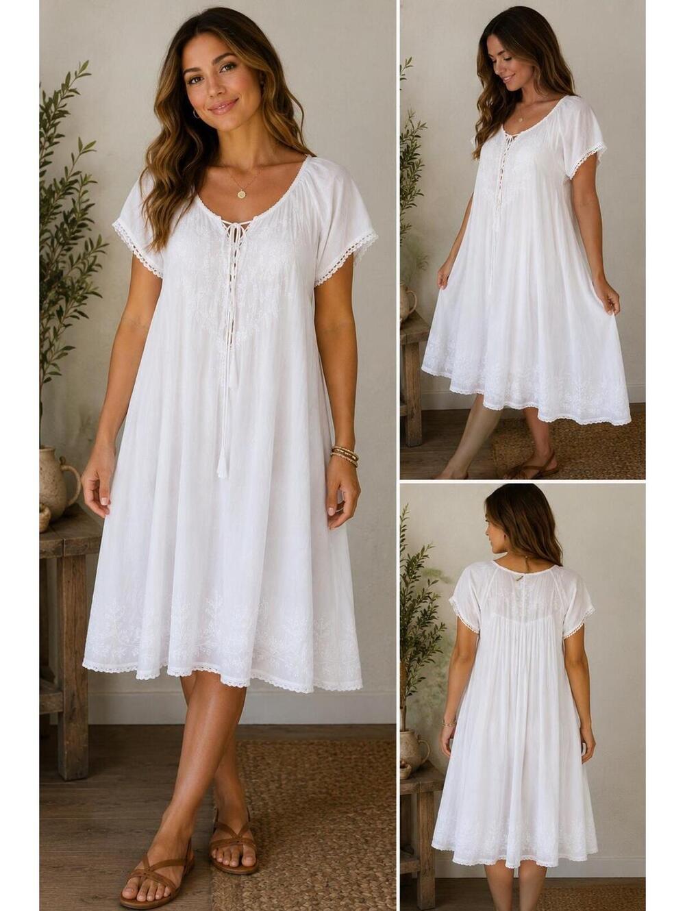 Lapogee White Embroidered Umbrella Midi Dress XL Boho Peasant Cottagecore